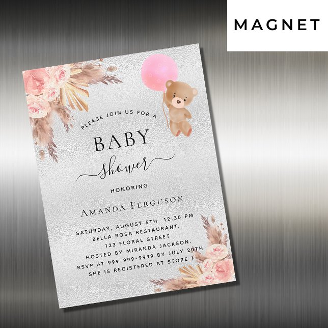 Baby shower girl pampas grass teddy silver luxury magnetic invitation (Creator Uploaded)