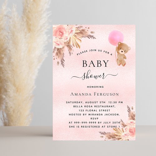Baby shower girl pampas teddy bear pink luxury invitation