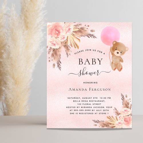 Baby shower girl pampas teddy budget invitation flyer