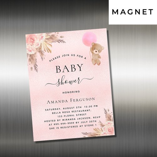 Baby shower girl pampas teddy invitation magnet