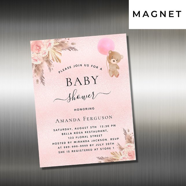 Baby shower girl pampas teddy invitation magnet (Creator Uploaded)