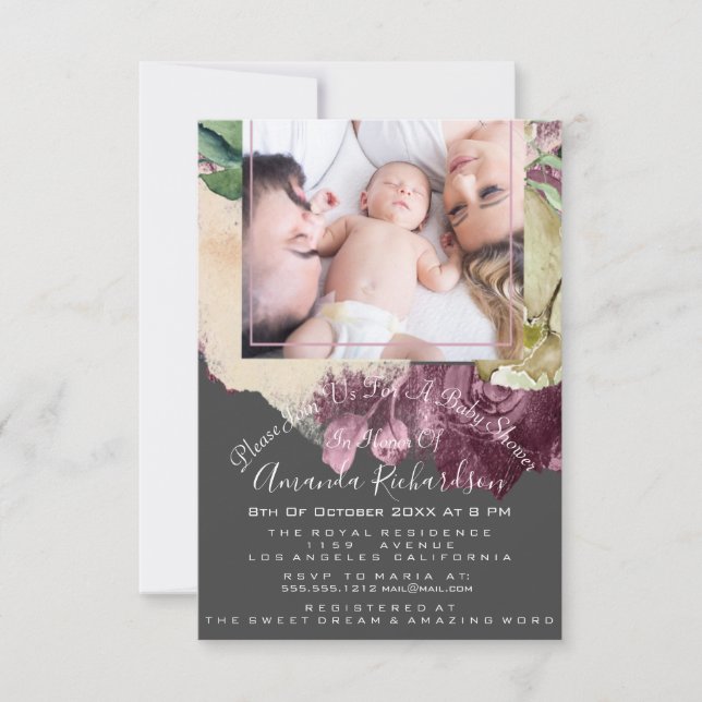 Baby Shower Girl  Photo Gray Floral Frame Invitation (Front)
