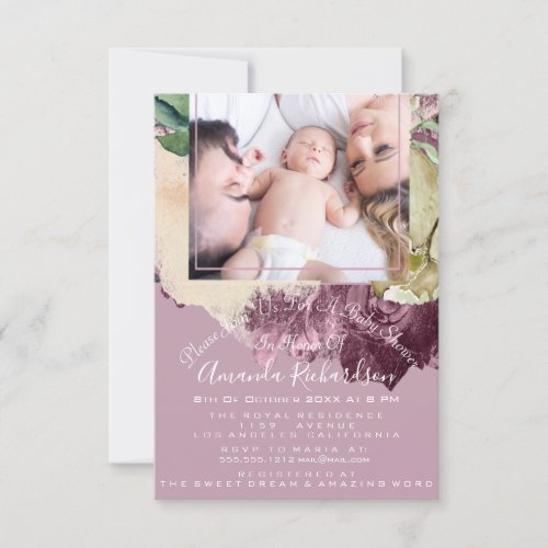 Baby Shower Girl  Photo Marsala  Pink Floral Frame Invitation