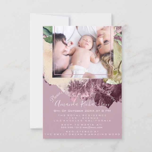 Baby Shower Girl  Photo Marsala  Pink Floral Frame Invitation (Front)