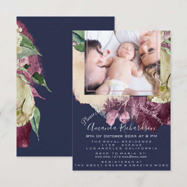 Baby Shower Girl  Photo Navy Roses Floral Invitation (Front/Back)