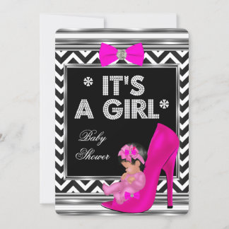 Baby Shower Girl Pink Baby Shoe Chevron Invitation
