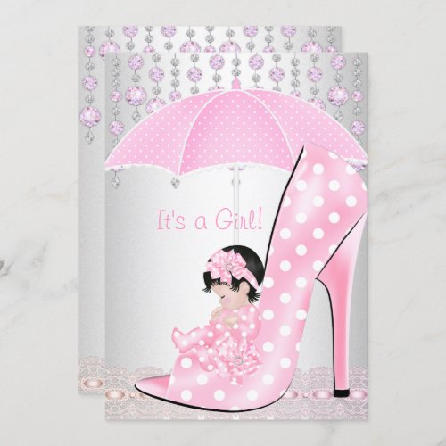 Baby Shower Girl Pink Baby Shoe Diamond 2 Invitation