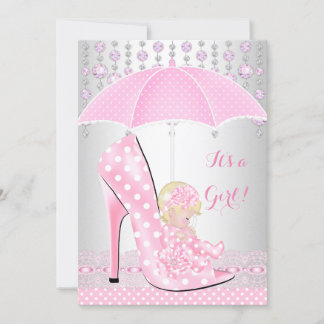 Baby Shower Girl Pink Baby Shoe Diamond A2 Invitation