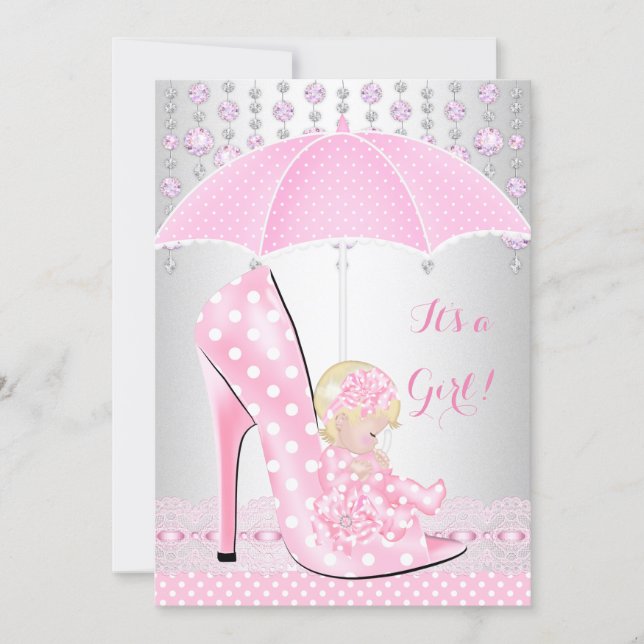 Baby Shower Girl Pink Baby Shoe Diamond A2 Invitation (Front)