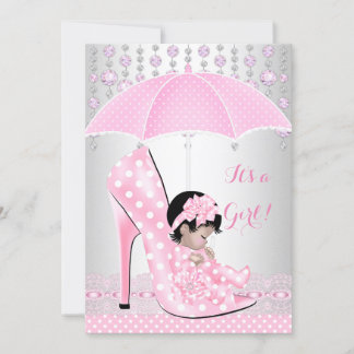 Baby Shower Girl Pink Baby Shoe Diamond A4 Invitation