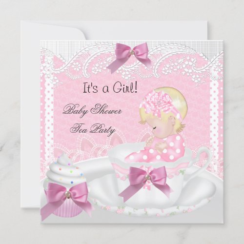 Baby Shower Girl Pink Baby Teacup Cupcake Blonde Invitation