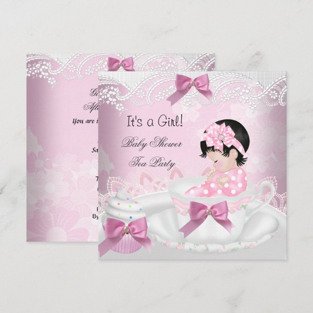 Baby Shower Girl Pink Baby Teacup Cupcake Invitation (Front/Back)