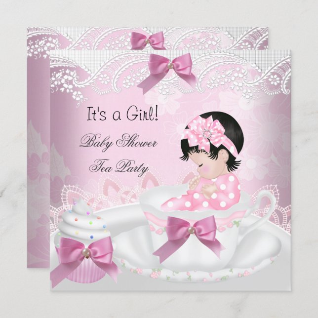 Baby Shower Girl Pink Baby Teacup Cupcake Invitation (Front/Back)