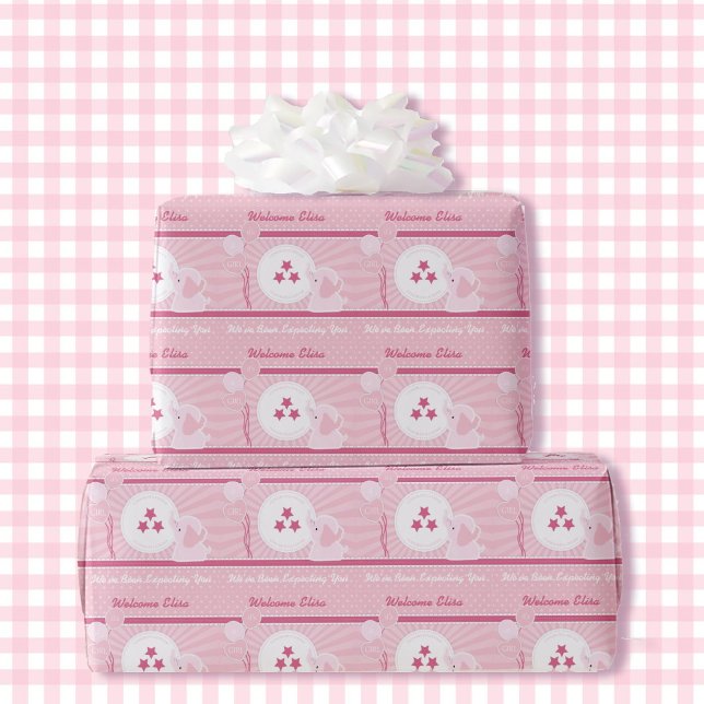 Baby Shower Girl Pink Bassinet Add Name & Text Wra Wrapping Paper (Creator Uploaded)