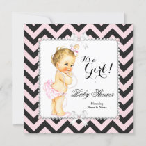 Baby Shower Girl Pink Black Stripe White Blonde Invitation