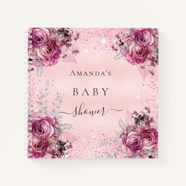 Baby Shower girl pink floral glitter guest book (Front)