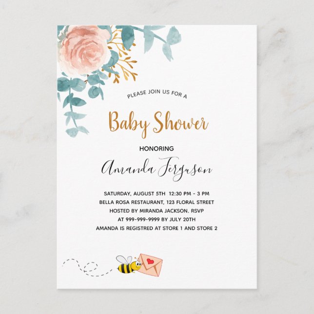 Baby Shower girl pink floral greenery mom to bee Postcard (Front)