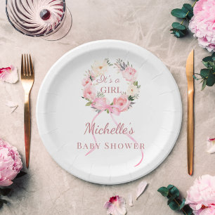 Baby Shower girl pink florals wreath Paper Plates