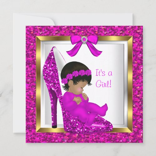 Baby Shower Girl Pink Glitter Baby in Shoe Invitation