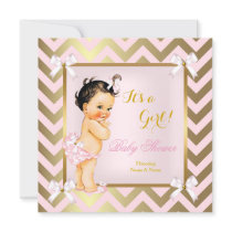 Baby Shower Girl Pink Gold Chevron Brunette Invitation