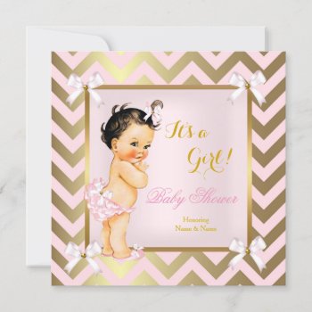 Baby Shower Girl Pink Gold Chevron Brunette Invitation by VintageBabyShop at Zazzle