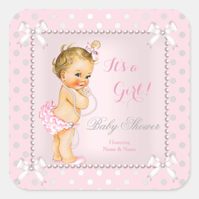 Baby Shower Girl Pink Gray Pearl Blonde Square Sticker (Front)
