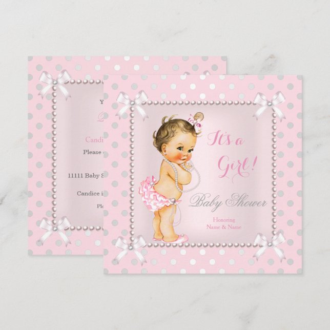 Baby Shower Girl Pink Gray Pearl Brunette Invitation (Front/Back)
