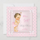 Baby Shower Girl Pink Gray Pearl Brunette Invitation (Front)
