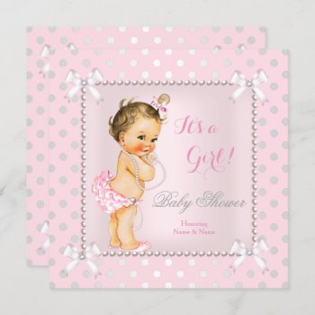 Baby Shower Girl Pink Gray Pearl Brunette Invitation by VintageBabyShop at Zazzle