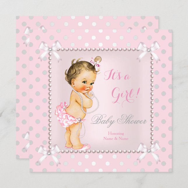 Baby Shower Girl Pink Gray Pearl Brunette Invitation (Front/Back)