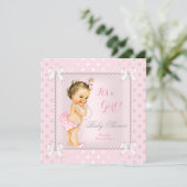 Baby Shower Girl Pink Gray Pearl Brunette Invitation (Standing Front)