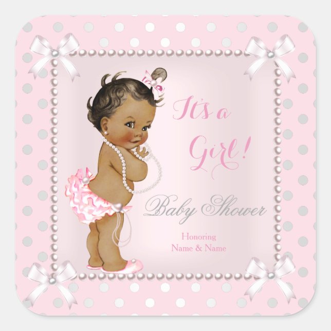 Baby Shower Girl Pink Gray Pearl Ethnic Square Sticker (Front)