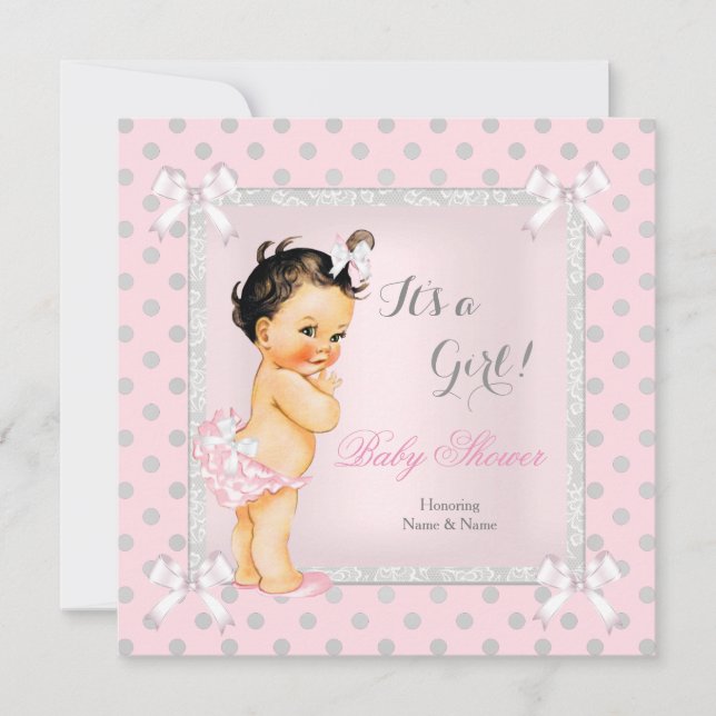 Baby Shower Girl Pink Gray Polka Dot Brunette Invitation (Front)