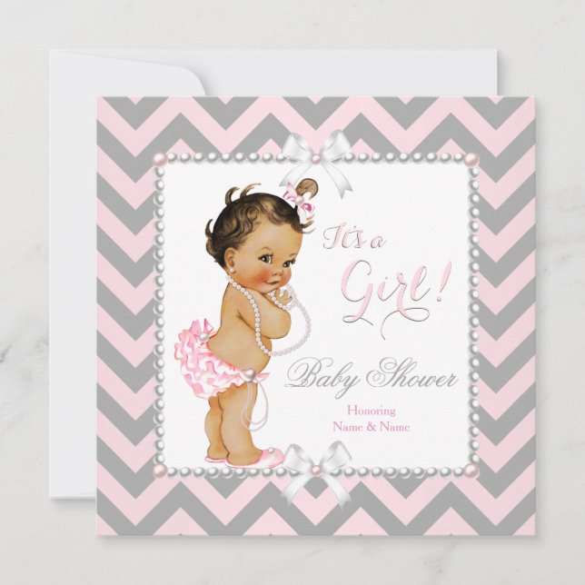 Baby Shower Girl Pink Gray Stripe White Brunette Invitation (Front)
