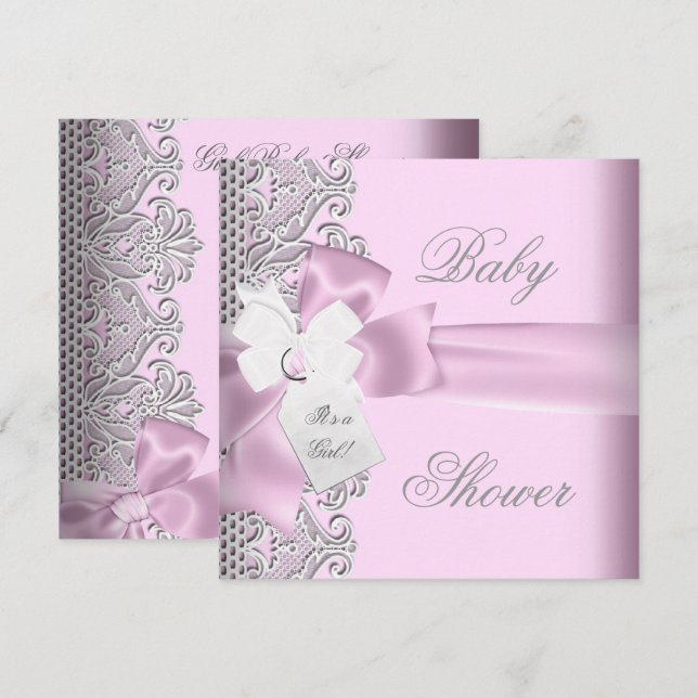 Baby Shower Girl Pink Gray White Lace Invitation (Front/Back)