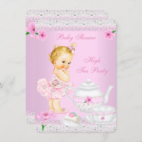 Baby Shower Girl Pink High Tea Party Blonde Invitation