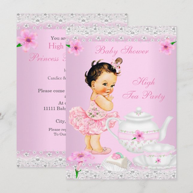 Baby Shower Girl Pink High Tea Party Brunette Invitation (Front/Back)