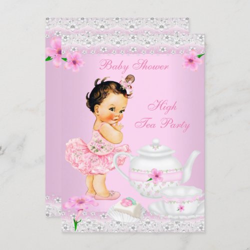 Baby Shower Girl Pink High Tea Party Brunette Invitation