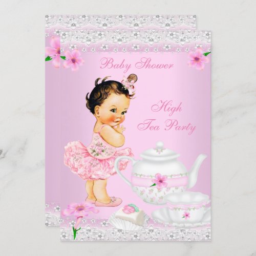 Baby Shower Girl Pink High Tea Party Brunette Invitation