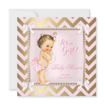 Baby Shower Girl Pink Pearl Gold Chevron Brunette Invitation