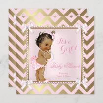 Baby Shower Girl Pink Pearl Gold Chevron Ethnic Invitation