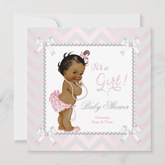 Baby Shower Girl Pink Pearl Gray White Ethnic Invitation (Front)