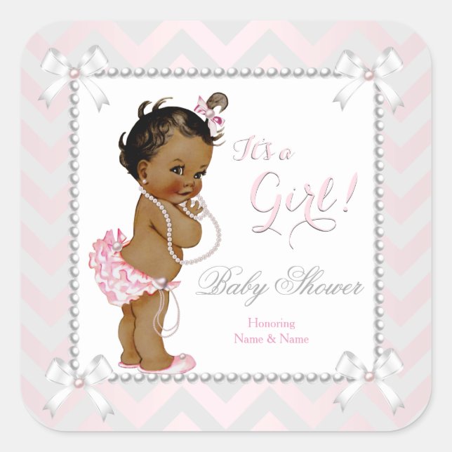 Baby Shower Girl Pink Pearl Gray White Ethnic Square Sticker (Front)