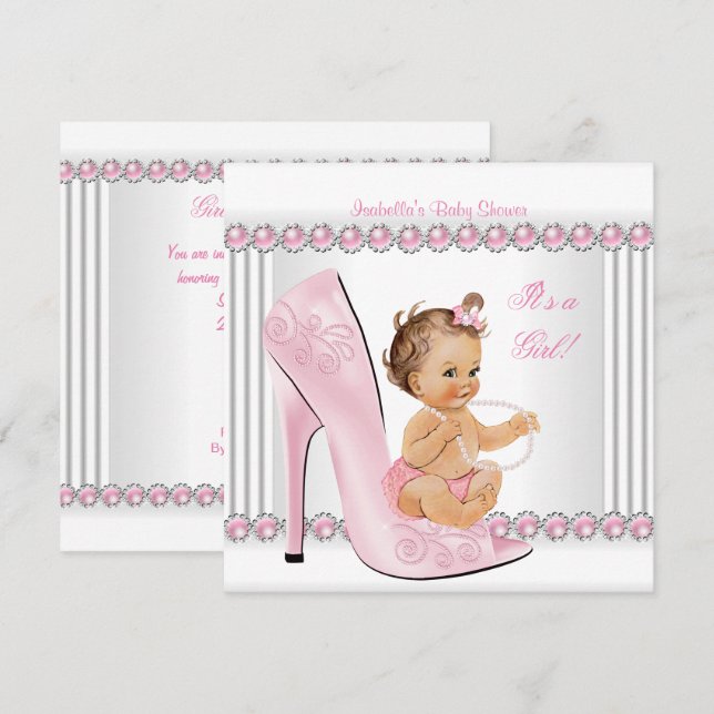 Baby Shower Girl Pink Pearl High Heel Shoes Invitation (Front/Back)