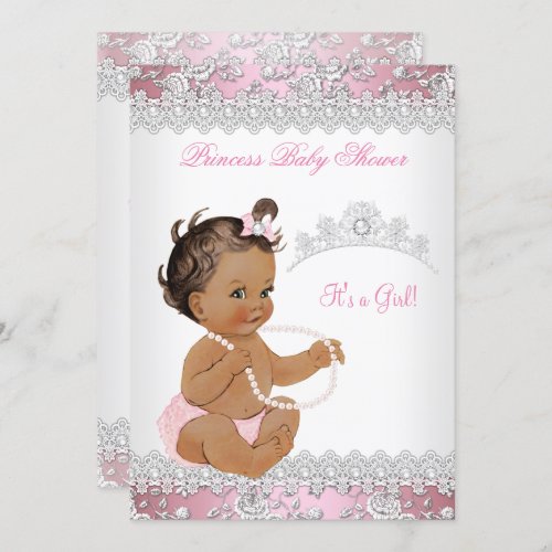 Baby Shower Girl Pink Pearl Silver Rose Brunette Invitation