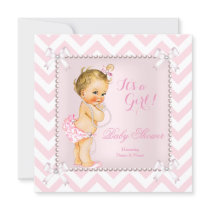 Baby Shower Girl Pink Pearl White Chevron Blonde Invitation