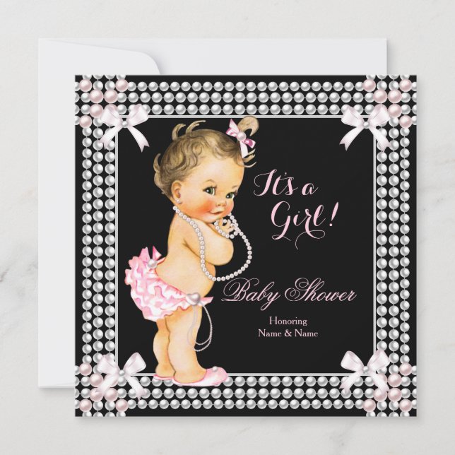 Baby Shower Girl Pink Pearls Black Brunette Invitation (Front)