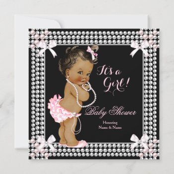 Baby Shower Girl Pink Pearls Black Ethnic Invitation by VintageBabyShop at Zazzle