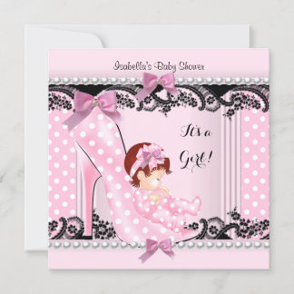 Baby Shower Girl Pink Polka Dots High Heel Shoe 3 Invitation