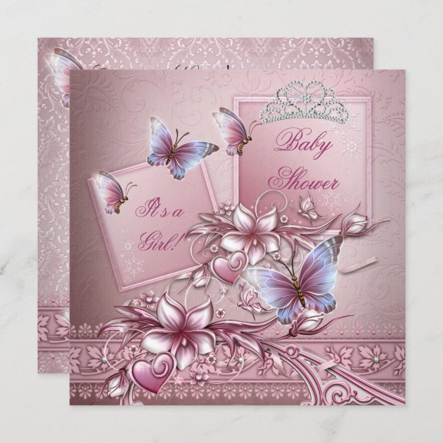 Baby Shower Girl Pink Princess Butterfly Invitation (Front/Back)
